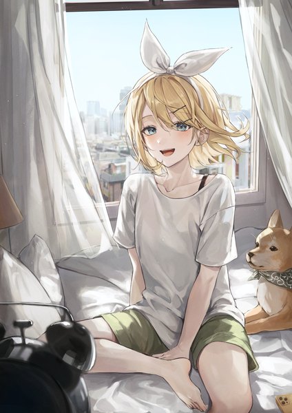 Anime picture 1944x2754 with vocaloid kagamine rin ekina (1217) single tall image looking at viewer blush fringe highres short hair open mouth blue eyes blonde hair smile hair between eyes sitting :d barefoot short sleeves alternate costume