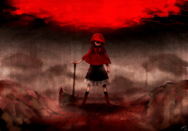 Anime picture 1400x974 with little red riding hood little red riding hood (character) single long hair fringe red eyes standing red hair glowing dark background glowing eye (eyes) girl dress bow weapon bowtie hood blood axe
