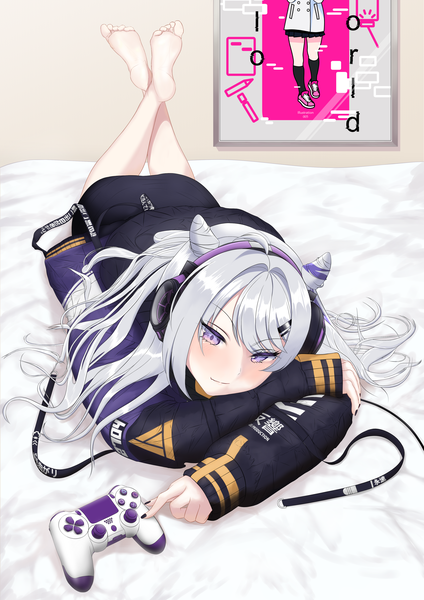 Anime picture 2894x4093 with original 005/marumarugo single long hair tall image looking at viewer blush highres purple eyes silver hair full body ahoge indoors lying nail polish head tilt barefoot fingernails crossed legs sleeves past wrists