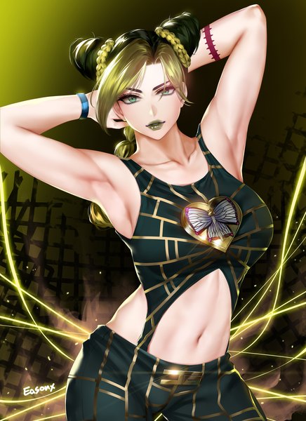 Anime picture 1000x1375 with jojo no kimyou na bouken kujo jolyne easonx single long hair tall image looking at viewer breasts light erotic blonde hair large breasts green eyes signed braid (braids) multicolored hair arms up two-tone hair armpit (armpits) hair bun (hair buns) lipstick