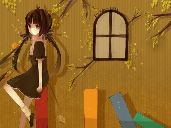 Anime picture 1024x768 with utau itamidome single long hair brown hair sitting twintails purple eyes girl dress window scarf