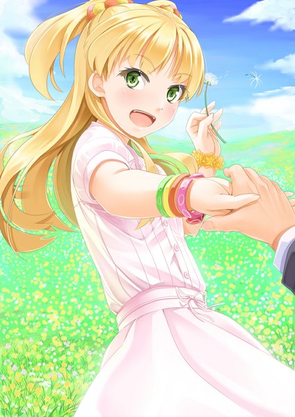 Anime picture 827x1169 with idolmaster idolmaster cinderella girls jougasaki rika miri (ago550421) long hair tall image blush open mouth blonde hair green eyes cloud (clouds) two side up girl dress flower (flowers) bracelet