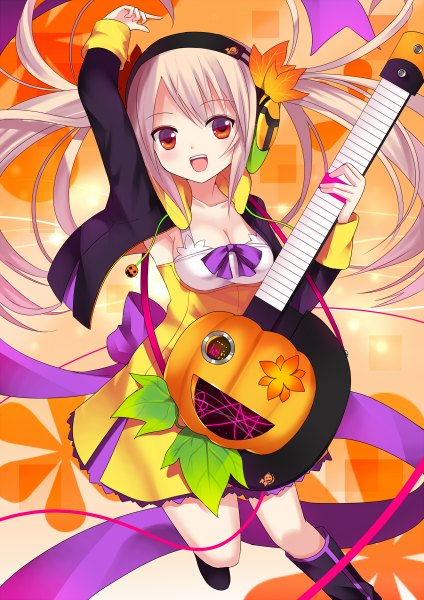 Anime picture 848x1200 with original koi (koisan) single long hair tall image looking at viewer breasts open mouth red eyes twintails white hair arms up halloween girl skirt boots headphones musical instrument