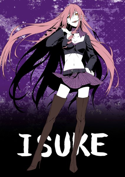 Anime picture 2480x3507 with akuma no riddle inukai isuke vice (kuronekohadokoheiku) single long hair tall image looking at viewer highres open mouth smile brown eyes pink hair inscription midriff dark background purple background girl skirt navel thigh boots