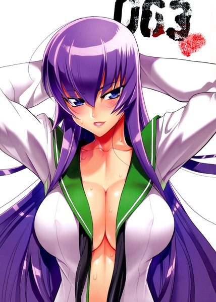 Anime picture 4320x6060 with highschool of the dead madhouse busujima saeko satou shouji long hair tall image looking at viewer blush highres breasts blue eyes light erotic absurdres purple hair scan girl uniform school uniform