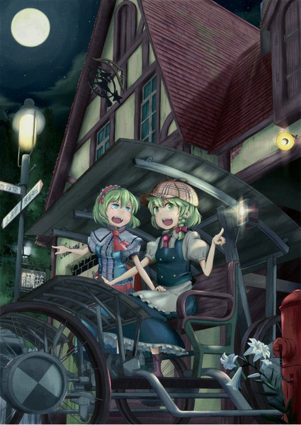 Anime picture 1254x1771 with touhou kirisame marisa alice margatroid kitsuneno denpachi tall image blush short hair open mouth blue eyes blonde hair multiple girls green eyes braid (braids) night puffy sleeves single braid pointing detective girl dress