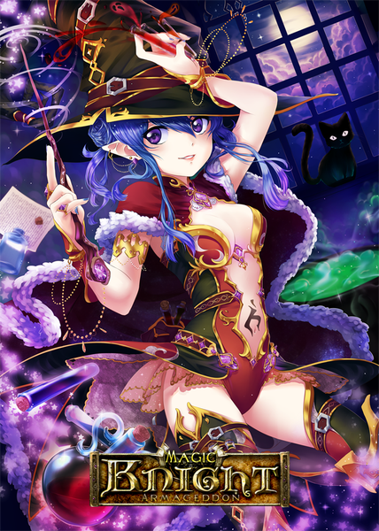 Anime picture 720x1008 with magic knight armageddon isaky (isakysaku) single tall image light erotic smile blue hair purple hair nail polish pink eyes multicolored hair pointy ears inscription two-tone hair lipstick gradient hair girl navel hat earrings