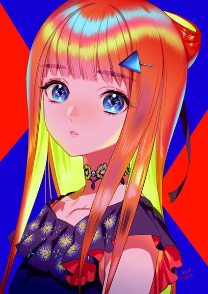 Anime picture 2121x3000 with original midori foo single long hair tall image looking at viewer fringe highres blue eyes simple background signed upper body blunt bangs parted lips multicolored hair orange hair hair bun (hair buns) floral print colored inner hair girl