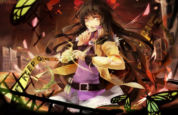 Anime picture 1024x666 with cobi-cobi (artist) single long hair open mouth brown hair brown eyes open clothes open jacket open collar girl skirt bow hair bow jacket belt insect building (buildings) butterfly bandaid syringe