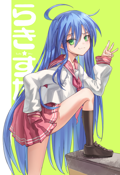 Anime picture 1779x2591 with lucky star kyoto animation izumi konata ildy single tall image looking at viewer fringe highres hair between eyes green eyes ahoge very long hair pleated skirt copyright name turning head hand in pocket :3 green background girl