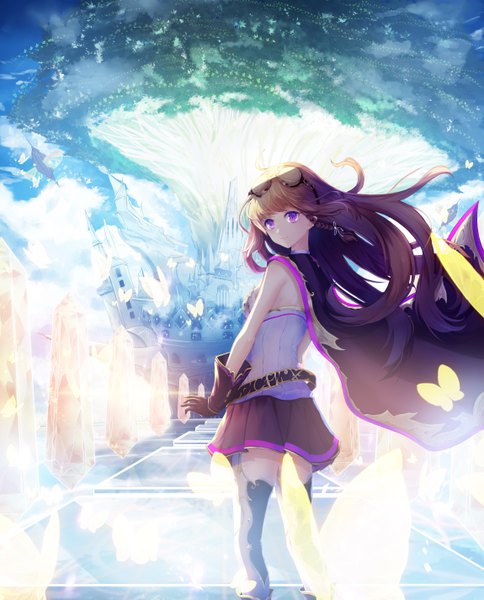 Anime picture 4600x5700 with original keis (locrian1357) single long hair tall image looking at viewer fringe highres brown hair standing purple eyes absurdres braid (braids) looking back light smile wind from behind side braid fantasy glow