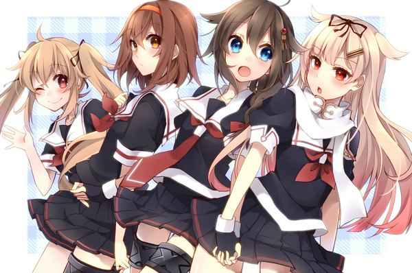 Anime picture 1200x796 with kantai collection shigure destroyer yuudachi destroyer murasame destroyer shiratsuyu destroyer sakura yuki (clochette) long hair blush short hair open mouth blue eyes blonde hair red eyes brown hair twintails multiple girls brown eyes holding hands remodel (kantai collection) lineup