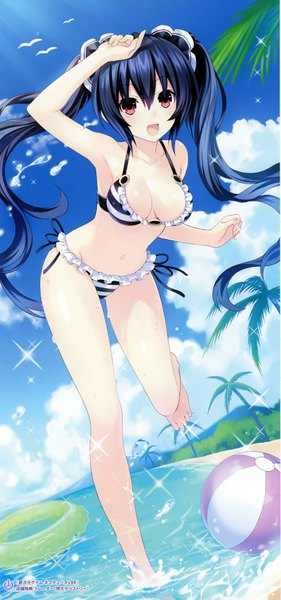 Anime picture 3241x6923 with choujigen game neptune shin jigen game neptune vii noire tsunako single long hair tall image looking at viewer fringe highres breasts open mouth light erotic black hair hair between eyes red eyes large breasts twintails absurdres sky