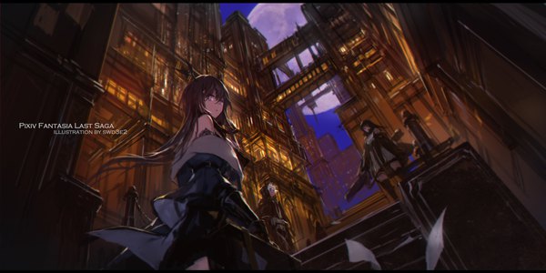 Anime picture 2126x1063 with original pixiv fantasia pixiv fantasia last saga swd3e2 long hair looking at viewer fringe highres black hair brown hair wide image purple eyes bare shoulders multiple girls signed from below copyright name city watermark group