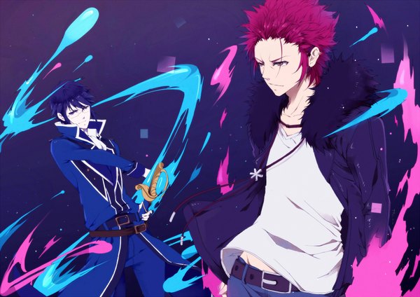 Anime picture 1700x1202 with k-project gohands (studio) mikoto suoh munakata reishi short hair smile yellow eyes blue hair red hair multiple boys glowing boy weapon sword jacket belt pendant 2 boys pants