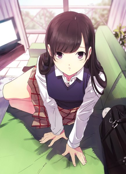Anime picture 1300x1800 with original miya9 single long hair tall image looking at viewer black hair brown eyes girl uniform school uniform bag couch