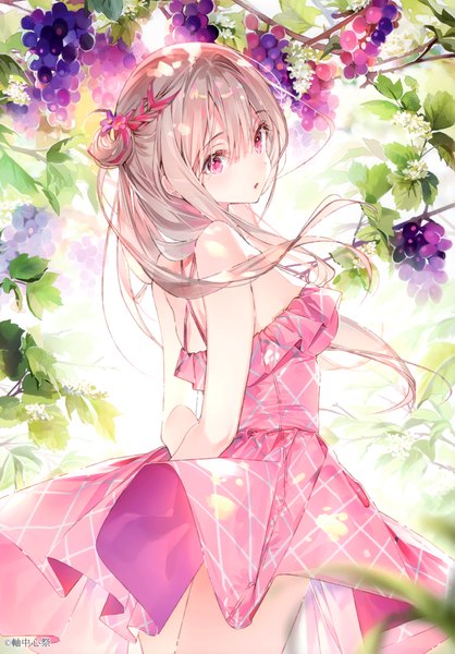 Anime picture 2097x3011 with original dsmile single long hair tall image looking at viewer blush fringe highres breasts blonde hair hair between eyes standing pink eyes looking back from behind scan hair bun (hair buns) hands behind back girl