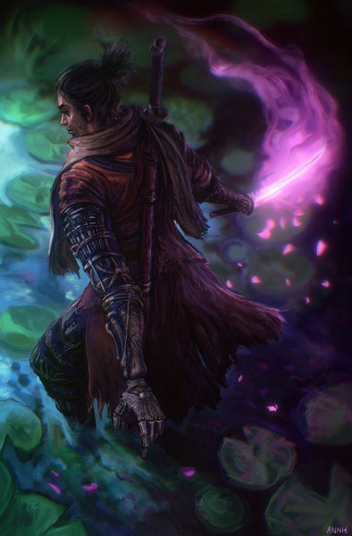 Anime picture 1345x2048 with sekiro: shadows die twice from software sekiro anniechromes single tall image short hair black hair signed ponytail from above partially submerged spread arms glowing weapon boy flower (flowers) weapon sword water katana