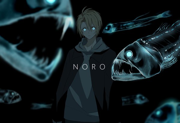 Anime picture 4688x3200 with original yukishima bema single looking at viewer fringe highres short hair blue eyes blonde hair hair between eyes absurdres upper body parted lips inscription black background clothes on shoulders empty eyes boy animal hood