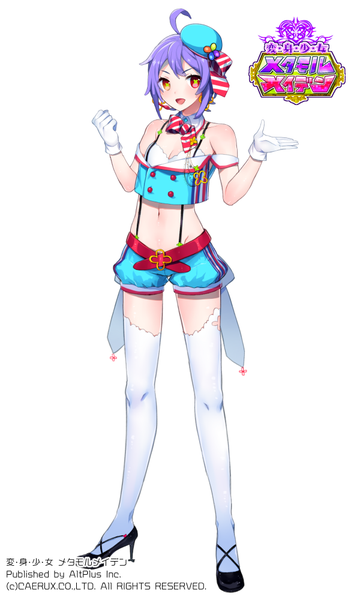 Anime picture 600x1000 with original donacoo single tall image looking at viewer blush short hair open mouth simple background white background purple hair heterochromia multicolored eyes girl thighhighs gloves navel hat white thighhighs shorts