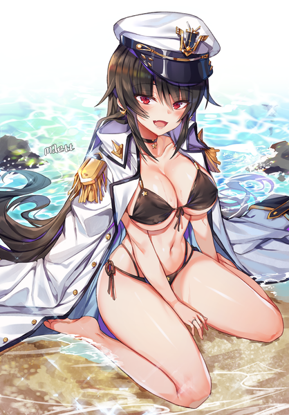 Anime picture 1497x2150 with soul worker iris yuma maett single tall image looking at viewer blush fringe breasts open mouth light erotic black hair smile hair between eyes red eyes sitting signed cleavage full body outdoors