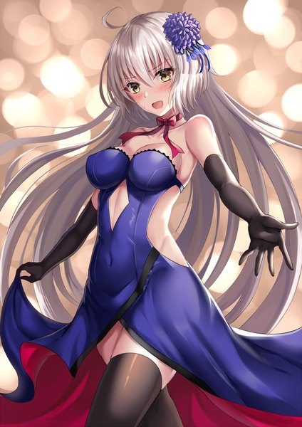 Anime picture 700x990 with fate (series) jeanne d'arc (fate) (all) jeanne d'arc alter (fate) harimoji single long hair tall image looking at viewer blush fringe breasts open mouth light erotic hair between eyes yellow eyes silver hair ahoge zettai ryouiki outstretched arm covered navel