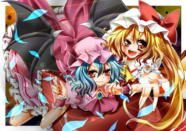 Anime picture 2000x1415 with touhou flandre scarlet remilia scarlet beni0012 looking at viewer blush fringe highres short hair blonde hair hair between eyes multiple girls blue hair nail polish fingernails long fingernails siblings outstretched hand bat wings sisters
