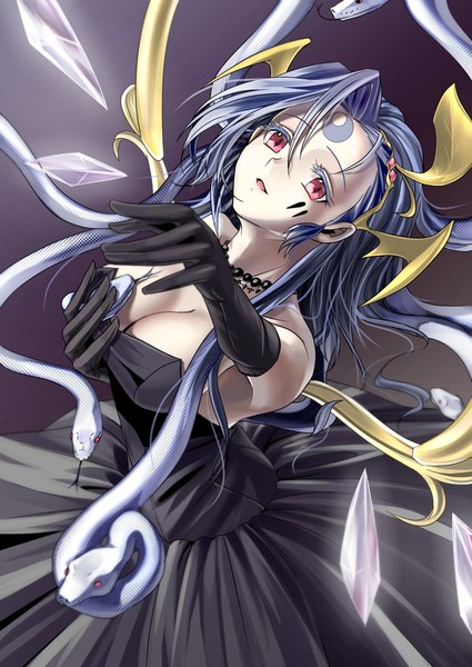 Anime picture 800x1129 with original ryuki@maguro-ex single long hair tall image looking at viewer open mouth blue hair cleavage pink eyes girl dress gloves hair ornament animal elbow gloves beads snake