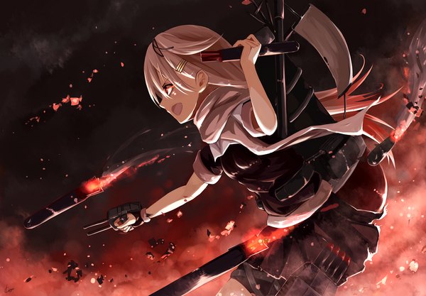 Anime picture 1200x835 with kantai collection yuudachi destroyer hidaka kouyou single long hair blonde hair red eyes holding glowing glowing eye (eyes) destruction remodel (kantai collection) girl skirt hair ornament ribbon (ribbons) hair ribbon miniskirt scarf hairpin (hairpins)