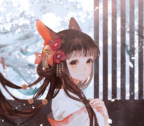 Anime picture 889x778 with original say hana single long hair looking at viewer fringe brown hair brown eyes animal ears upper body outdoors blunt bangs hair flower light smile wind sparkle fox ears hand on chest fox girl hair bell