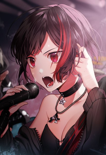 Anime picture 1228x1795 with bang dream! mitake ran bari dal single tall image blush fringe short hair breasts open mouth black hair smile red eyes bare shoulders holding cleavage upper body red hair long sleeves multicolored hair