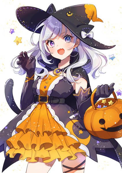 Anime picture 1750x2480 with virtual youtuber piroshiki123 single long hair tall image looking at viewer highres open mouth smile purple eyes animal ears purple hair tail animal tail cat ears cat tail fang (fangs) halloween witch girl