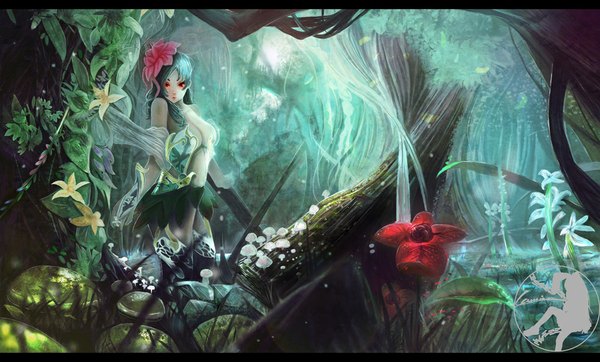 Anime picture 1000x604 with original lamian single long hair fringe red eyes wide image hair flower lips aqua hair glowing glowing eye (eyes) fantasy girl hair ornament flower (flowers) plant (plants) tree (trees) leaf (leaves) forest