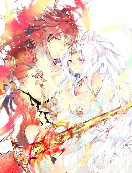 Anime picture 779x1018 with magi the labyrinth of magic a-1 pictures ren hakuei ren kouen spark2019a tall image looking at viewer blush short hair breasts light erotic simple background red eyes large breasts standing white background bare shoulders cleavage upper body white hair