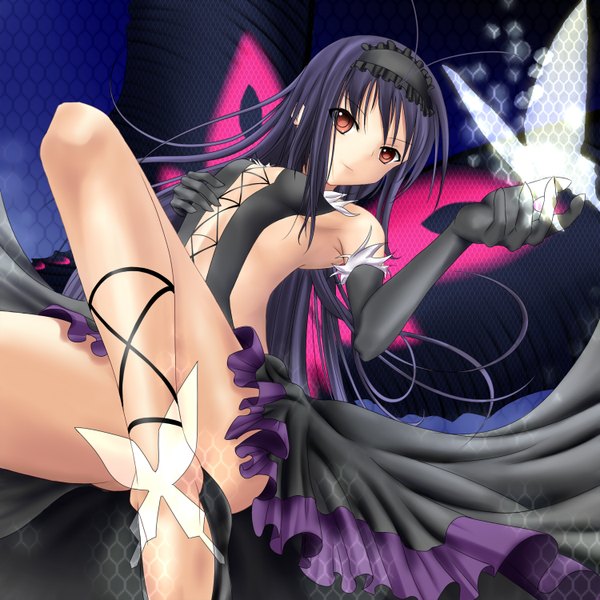 Anime picture 1500x1500 with accel world sunrise (studio) kuroyukihime single long hair light erotic black hair red eyes insect wings butterfly wings girl dress gloves elbow gloves headdress insect butterfly