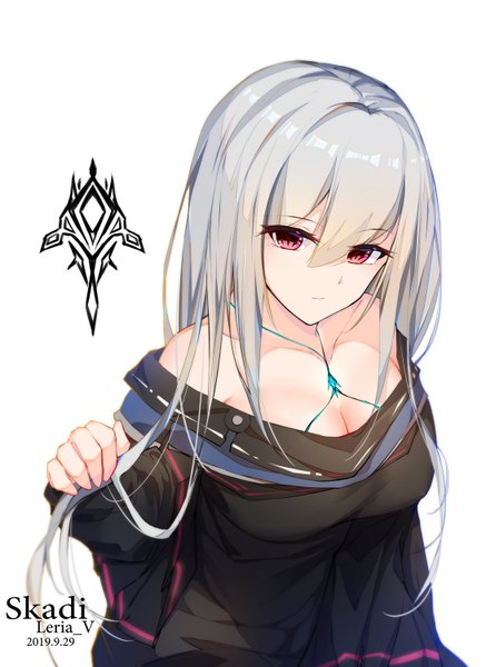 Anime picture 1094x1500 with arknights skadi (arknights) leria v single long hair tall image looking at viewer fringe breasts simple background hair between eyes red eyes large breasts standing white background bare shoulders signed payot cleavage silver hair
