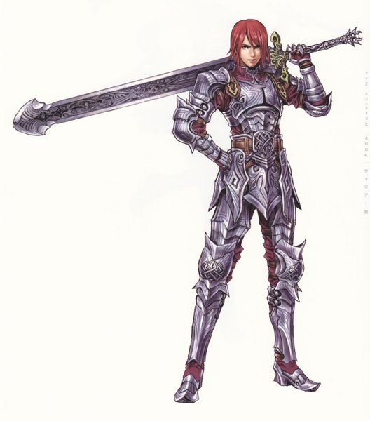 Anime picture 2445x2778 with yamashita shunya single tall image highres short hair simple background white background brown eyes red hair weapon over shoulder boy weapon sword armor