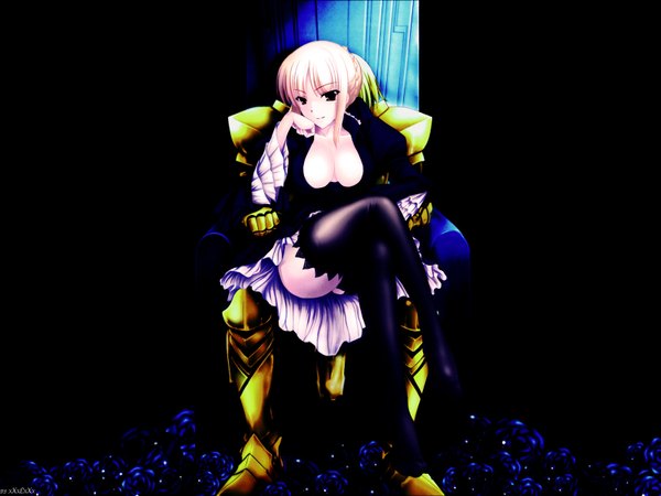 Anime picture 1600x1200 with fate (series) fate/stay night studio deen type-moon artoria pendragon (all) saber gilgamesh (fate) breasts light erotic blonde hair sitting cleavage light smile crossed legs girl thighhighs black thighhighs armor