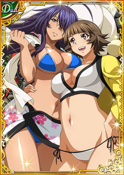 Anime picture 567x800 with ikkitousen kanu unchou chouhi ekitoku tall image fringe breasts open mouth blue eyes light erotic brown hair multiple girls brown eyes purple hair hair over one eye card (medium) girl navel 2 girls swimsuit bikini