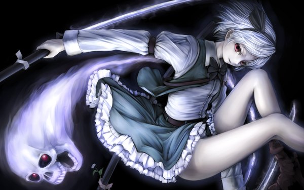 Anime picture 1600x1000 with touhou konpaku youmu nishi masakazu single short hair red eyes wide image silver hair black background ghost girl dress flower (flowers) weapon sword hairband katana skull