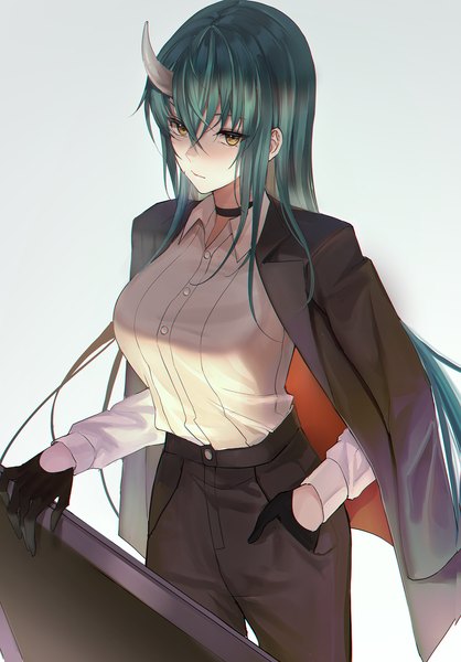 Anime picture 1200x1723 with arknights hoshiguma (arknights) kernel killer single long hair tall image looking at viewer fringe breasts simple background hair between eyes yellow eyes horn (horns) green hair alternate costume gradient background hand in pocket clothes on shoulders oni horns girl