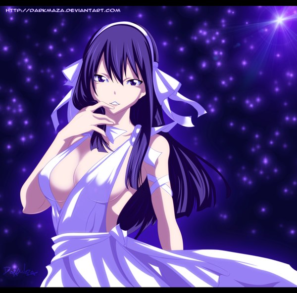 Anime-Bild 1800x1780 mit fairy tail ultear milkovich darkmaza single long hair highres light erotic smile purple eyes cleavage purple hair coloring finger to mouth letterboxed girl dress hairband white dress star (stars)