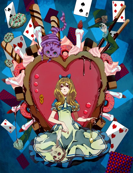 Anime picture 1073x1400 with alice in wonderland alice (wonderland) white rabbit cheshire cat doruchi (artist) tall image blonde hair red eyes girl bow hair bow food heart sweets cat clock cake bunny card (cards) pocket watch