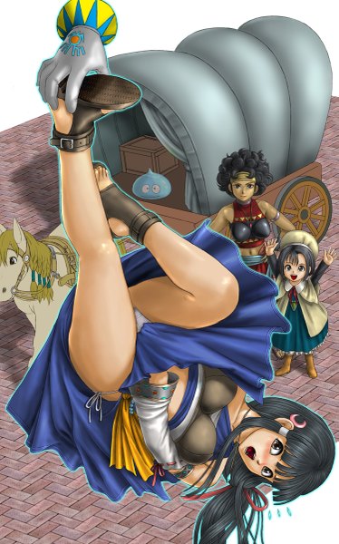 Anime picture 749x1200 with dragon quest tagme (character) slime (dragon quest) toten (artist) long hair tall image looking at viewer blush short hair breasts open mouth light erotic black hair large breasts multiple girls brown eyes payot bent knee (knees) from above arms up
