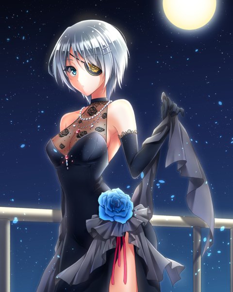 Anime picture 1000x1250 with sword girls iri flina single tall image looking at viewer short hair blue eyes bare shoulders silver hair night night sky girl dress gloves flower (flowers) black gloves elbow gloves black dress moon eyepatch