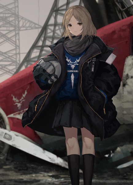 Anime picture 860x1190 with original jname single tall image looking at viewer fringe short hair brown hair standing holding brown eyes outdoors pleated skirt open jacket hand in pocket helmet removed girl skirt socks jacket