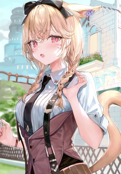Anime picture 2097x3011 with final fantasy final fantasy xiv square enix miqo'te momoko (momopoco) single long hair tall image looking at viewer blush fringe highres open mouth blonde hair hair between eyes standing animal ears outdoors tail braid (braids)
