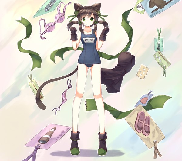 Anime picture 2250x2001 with riviera rose (riviera) hoshi no gen single highres short hair light erotic black hair smile green eyes animal ears tail animal tail cat ears cat girl cat tail girl gloves swimsuit boots