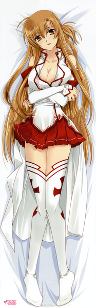 Anime picture 2344x7500 with sword art online a-1 pictures yuuki asuna kanna (chaos966) single long hair tall image highres breasts light erotic brown hair brown eyes full body dakimakura (medium) girl thighhighs skirt white thighhighs