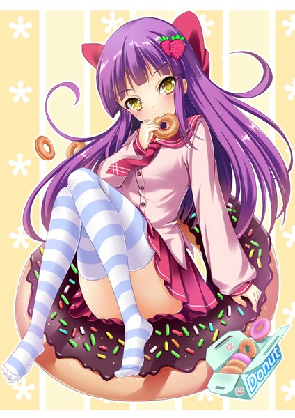 Anime picture 1181x1670 with original shimokirin single long hair tall image looking at viewer blush light erotic yellow eyes purple hair girl thighhighs dress skirt uniform bow hair bow school uniform miniskirt food